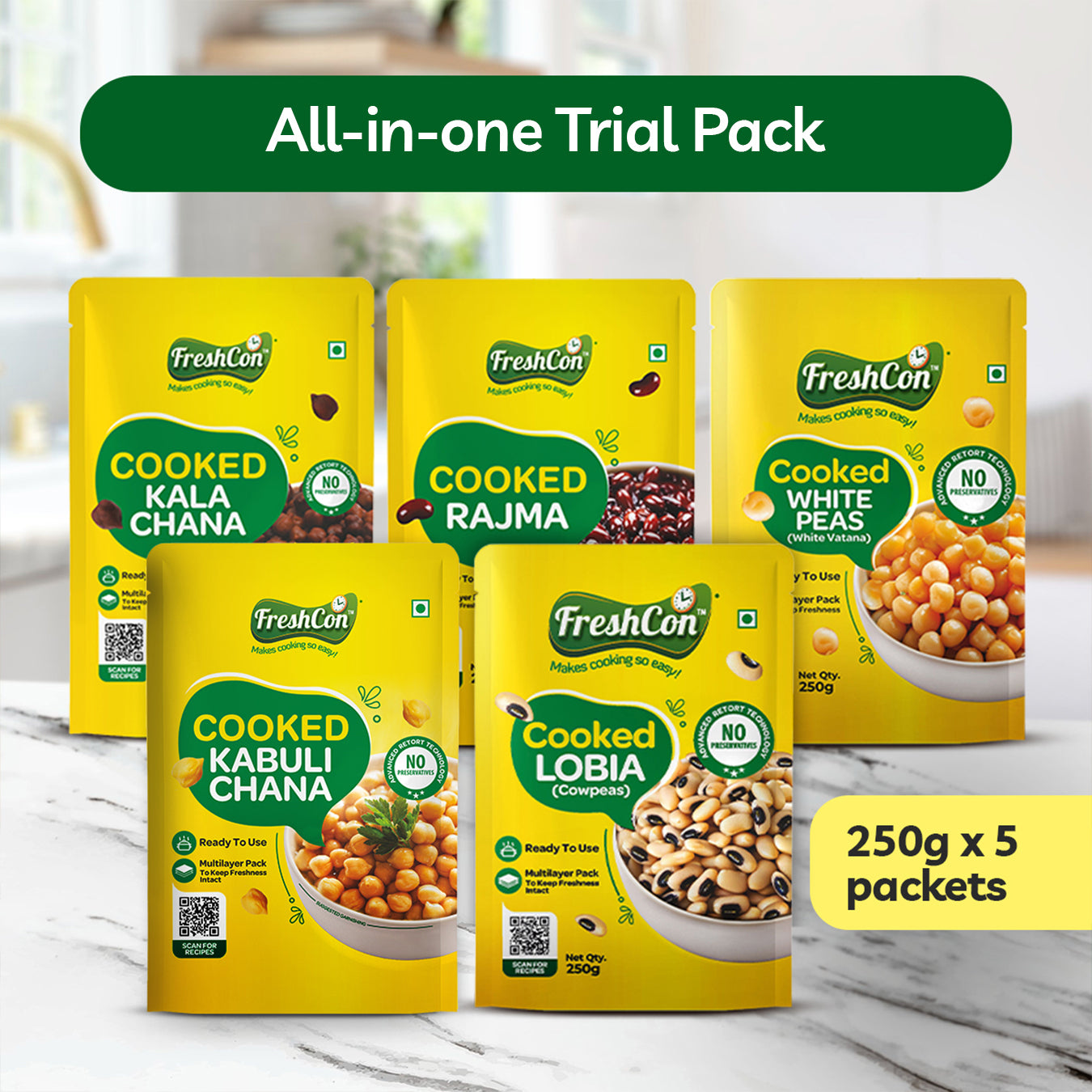 Trial Pack - Pre-Cooked Kabuli Chana, Rajma, Kala Chana, White Peas & Lobia | Soaked & Boiled, Preservative Free | Ready To Use | 250g Packs