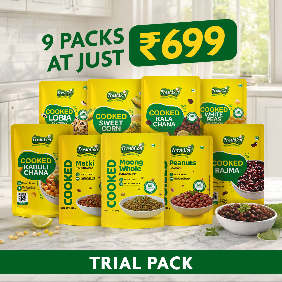 Trial Pack - Pre-Cooked Kabuli Chana, Rajma, Kala Chana, White Peas, Lobia & Boiled Corn | Soaked & Boiled, Preservative Free | Ready To Use
