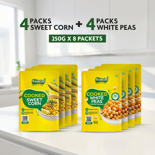 Sweet Corn & White Peas Combo  | Pre-Cooked Ingredients | Soaked & Boiled | Ready To Use