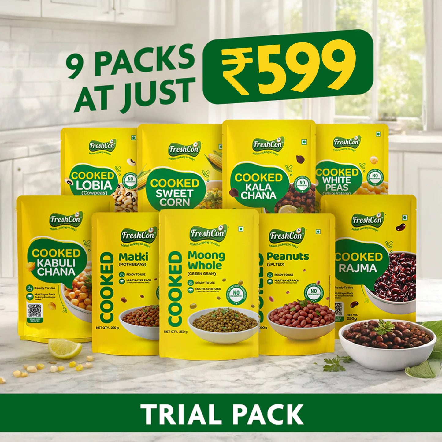 Trial Pack – Pre-Cooked Kabuli Chana, Rajma, Kala Chana, White Peas, Lobia & Boiled Corn | Ready-to-Use | Preservative Free