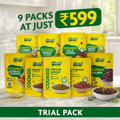 Trial Pack – Pre-Cooked Kabuli Chana, Rajma, Kala Chana, White Peas, Lobia & Boiled Corn | Ready-to-Use | Preservative Free