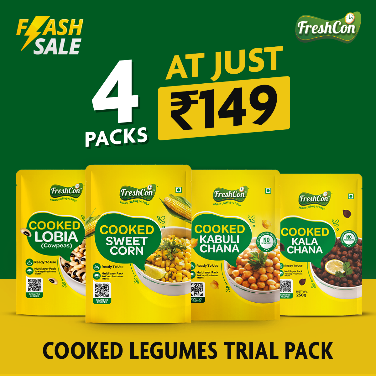 Freshcon Sample Pack - Cooked Kabuli Chana, Kala Chana & Lobia | 250g x 4 Packs