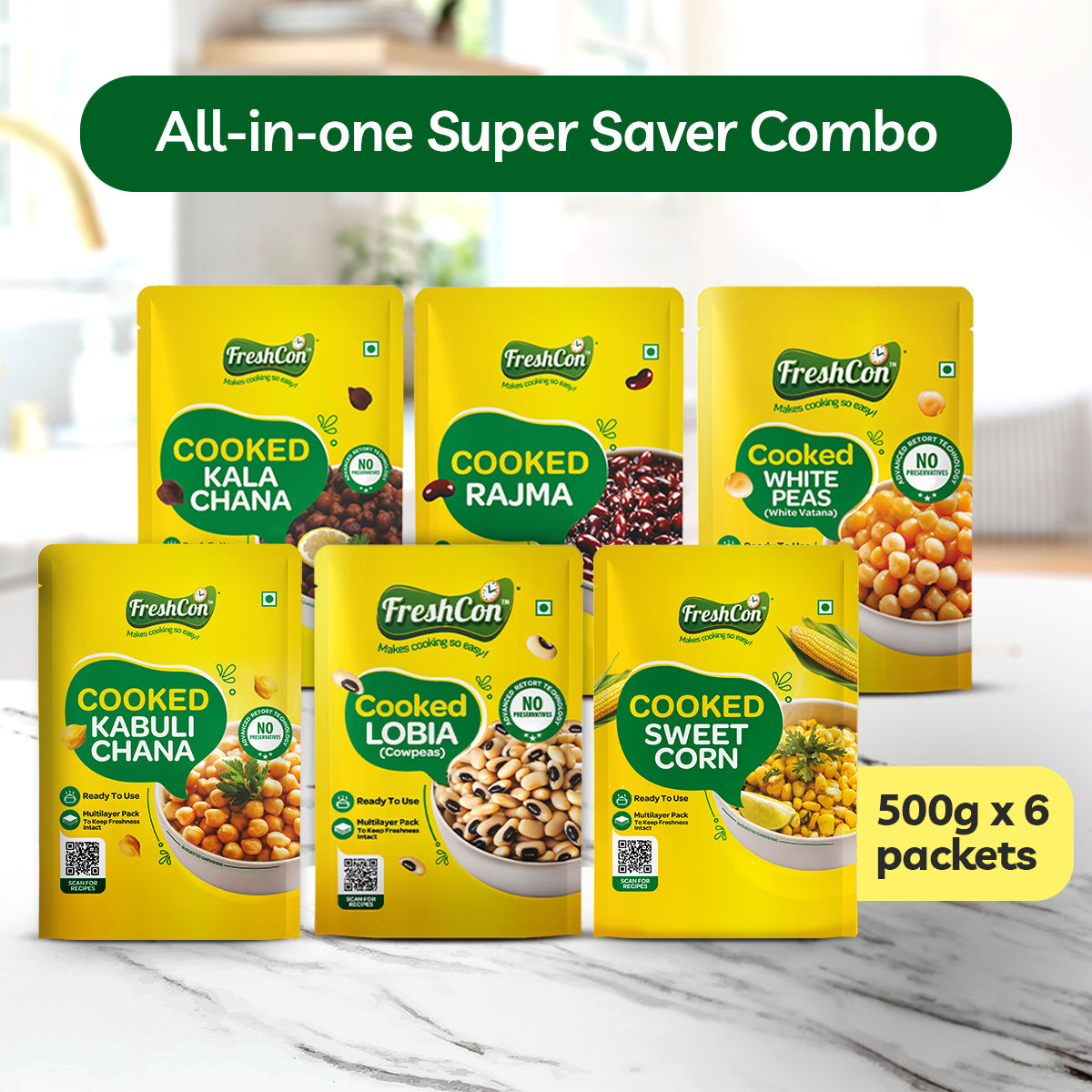 Super Saver Pack- Cooked Kabuli Chana, Rajma, Kala Chana, White Peas & Lobia | 500g Packs