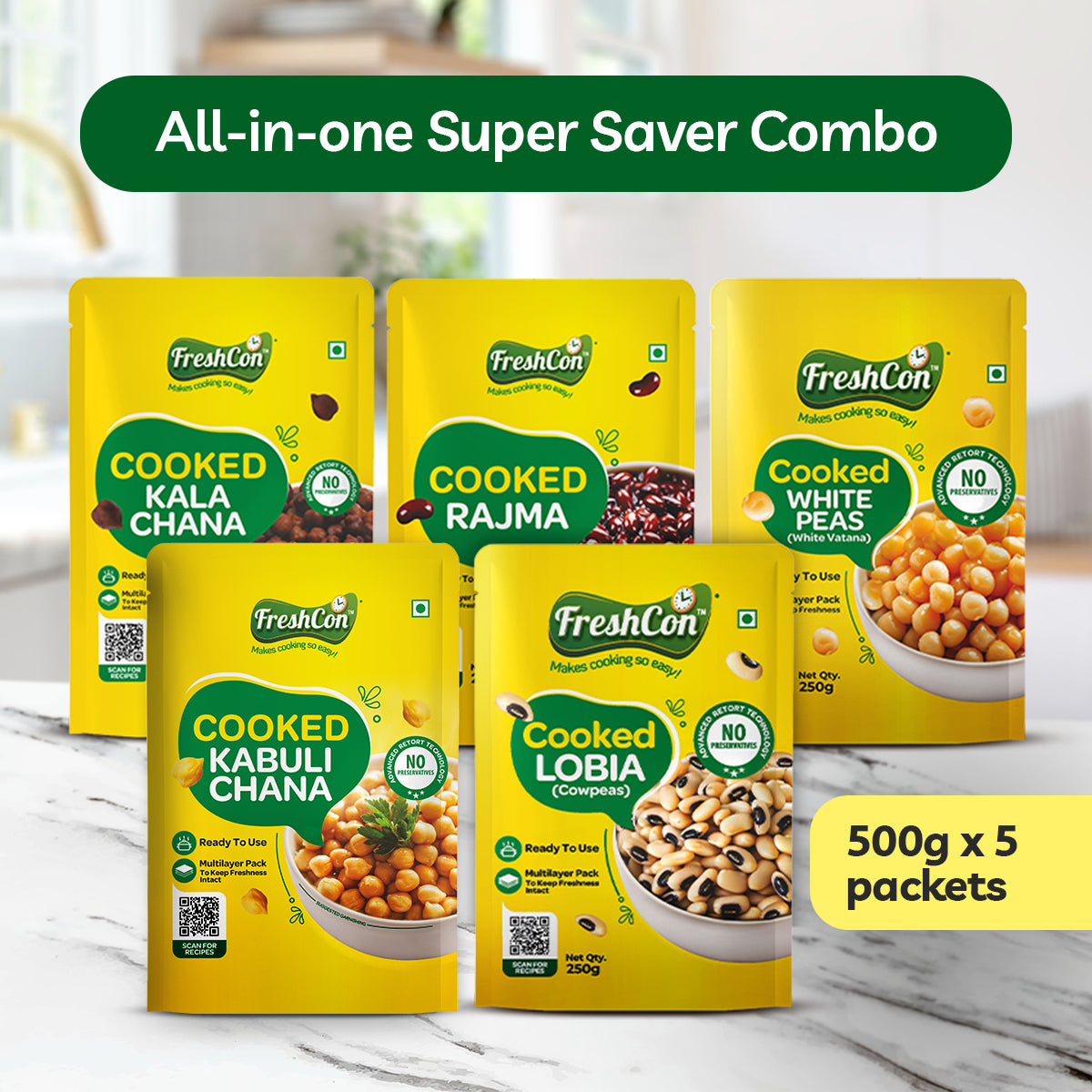 Super Saver Pack - Pre-Cooked Kabuli Chana, Rajma, Kala Chana, White Peas & Lobia | 500g Packs