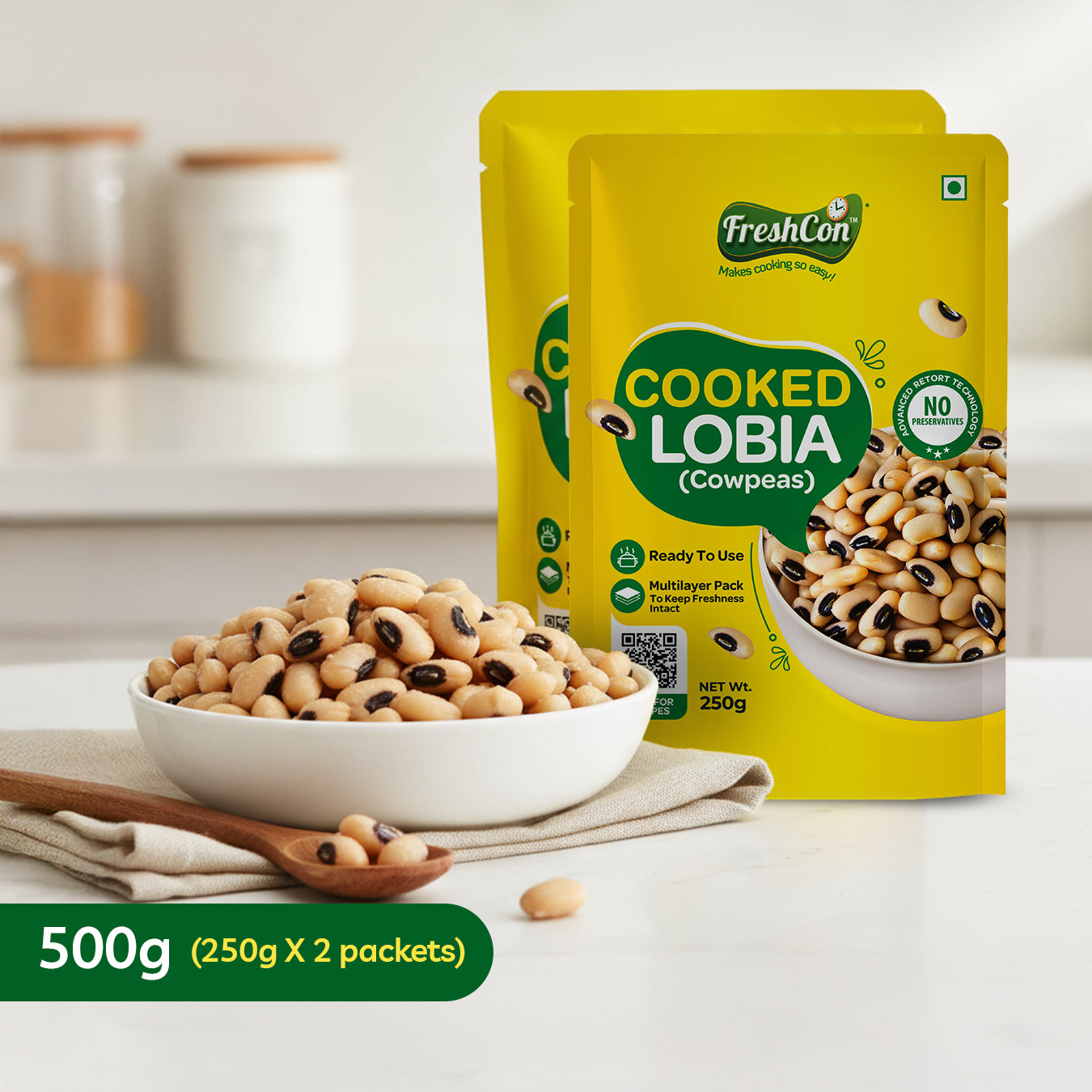 Freshcon lobia 500g pack showing black-eyed beans with clear branding
