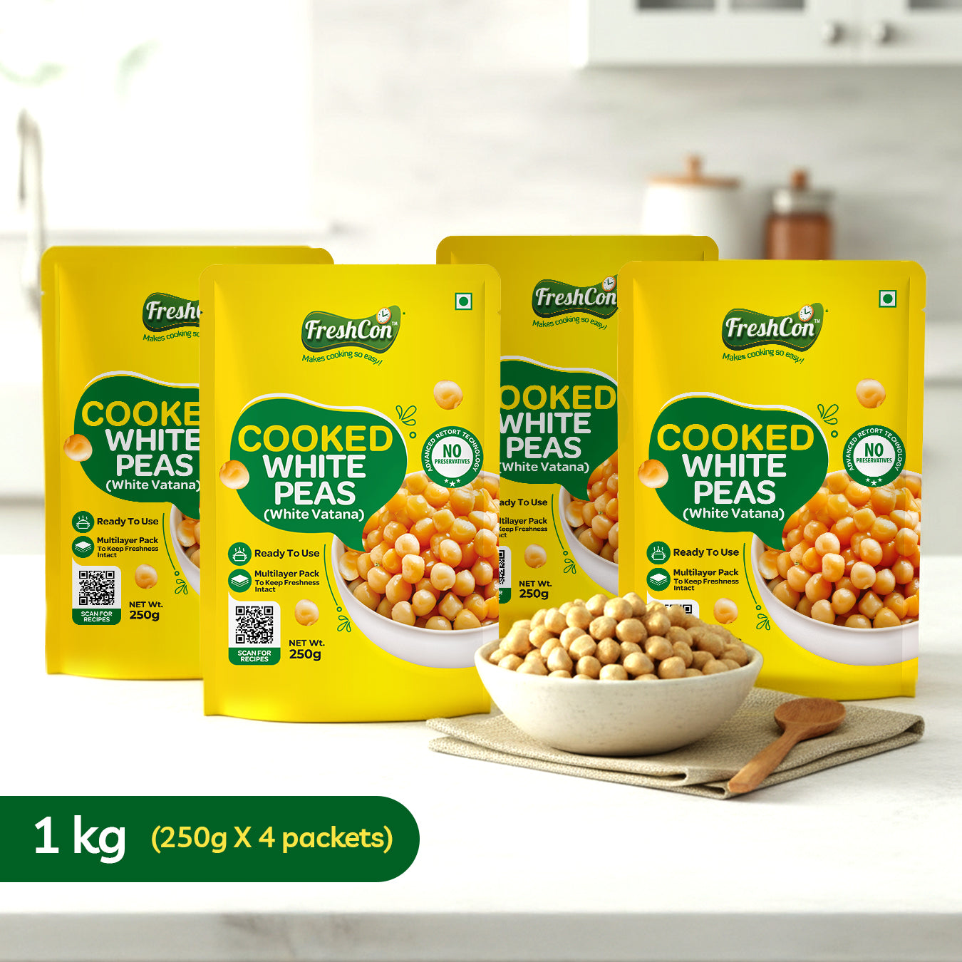 Freshcon white peas 1 kg pack with branding and clear view of pale round peas