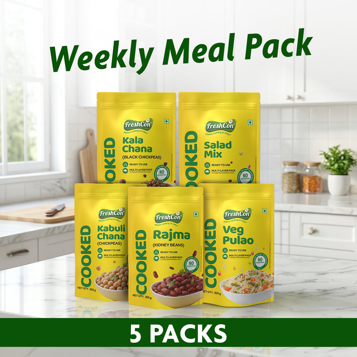 Weekly Meal Pack - Cooked Kabuli Chana, Cooked Rajma, Cooked Kala Chana ,Salad Mix Veg Pulao