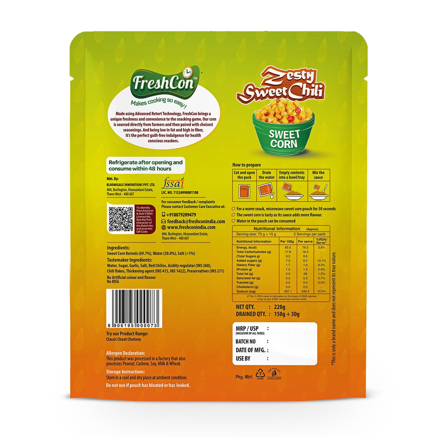 Ready-To-Eat Sweet Corn - Zesty Sweet Chili Flavour | Perfectly Boiled