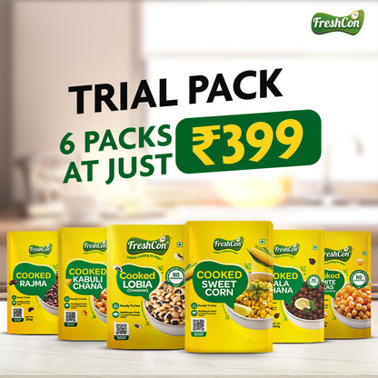 Trial Pack - Pre-Cooked Kabuli Chana, Rajma, Kala Chana, White Peas, Lobia & Boiled Corn | Soaked & Boiled, Preservative Free | Ready To Use