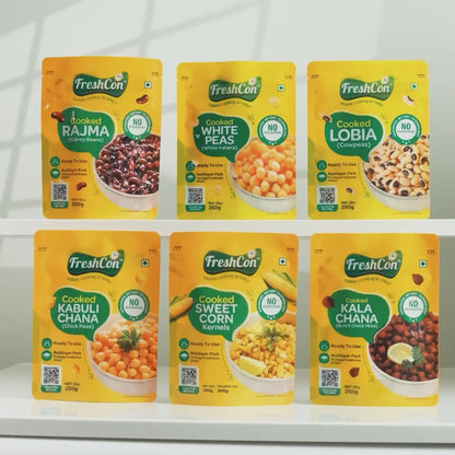 Trial Pack – Pre-Cooked Kabuli Chana, Rajma, Kala Chana, White Peas, Lobia & Boiled Corn | Ready-to-Use | Preservative Free