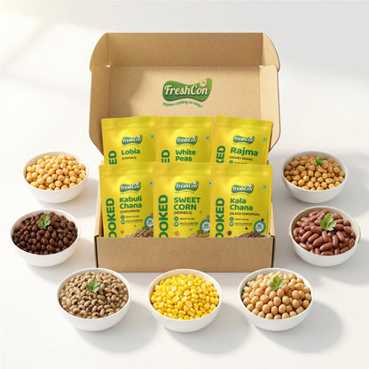 Trial Pack – Pre-Cooked Kabuli Chana, Rajma, Kala Chana, White Peas, Lobia & Boiled Corn | Ready-to-Use | Preservative Free