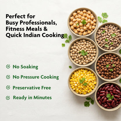 Trial Pack – Pre-Cooked Kabuli Chana, Rajma, Kala Chana, White Peas, Lobia & Boiled Corn | Ready-to-Use | Preservative Free